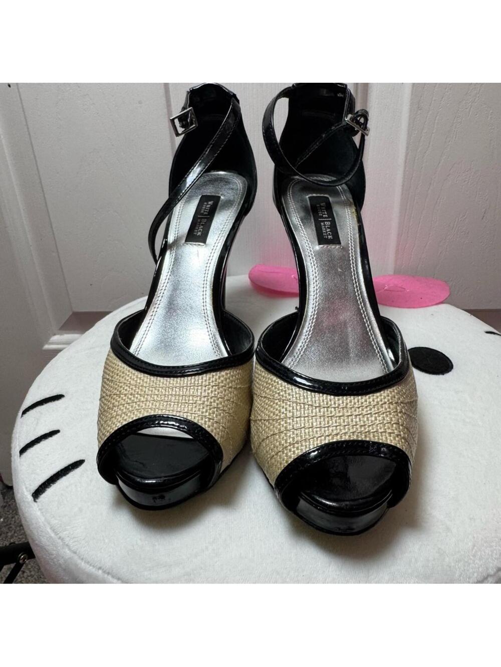 Chic Black & Beige Peep-Toe Heels with Ankle Strap - Size 7.